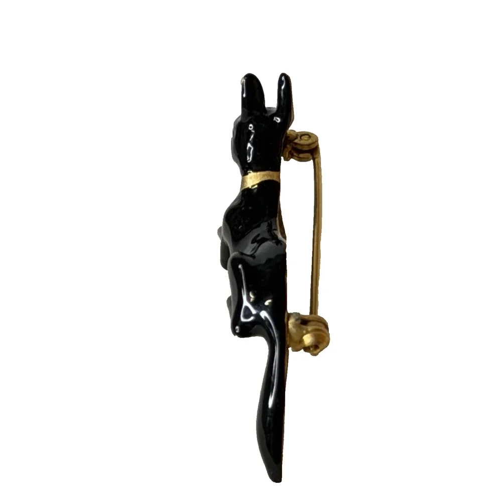 Anubis Egyptian Dog God Jackal Figural Brooch Pin Couchant Pose Black Gold
